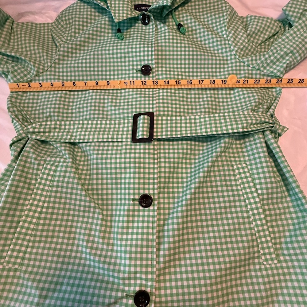 Lands End Green Gingham Hooded Raincoat Trench Belted Plus Size 1X 16W-18W - Picture 6 of 16